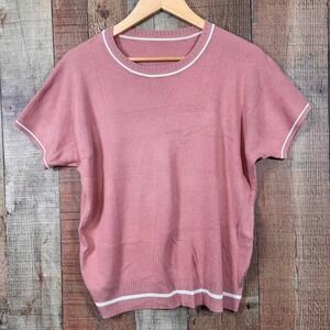 Pink Blush Viscose Knit Sweater Tee White Trim Preppy Soft Girl Top Medium